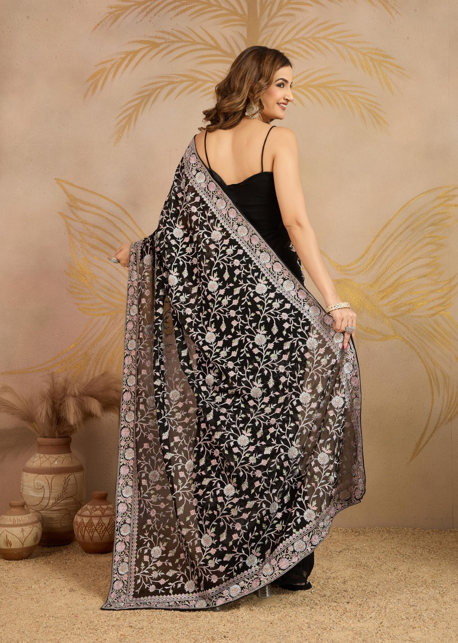 TRENDMALLS Women's Georgette Multi Colour Resham Thread Embroidery with Siroski work Saree with Unstitched Blouse Piece - Image 2