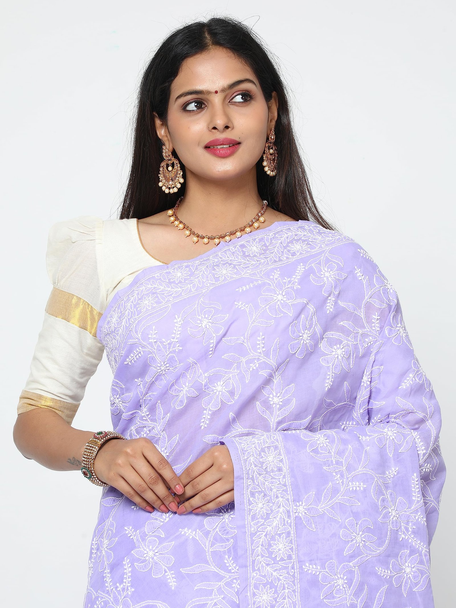 HerClozet Lucknow Chikankari Pure Cotton Saree for women 6.3 Mtr(Lavender) - Image 8