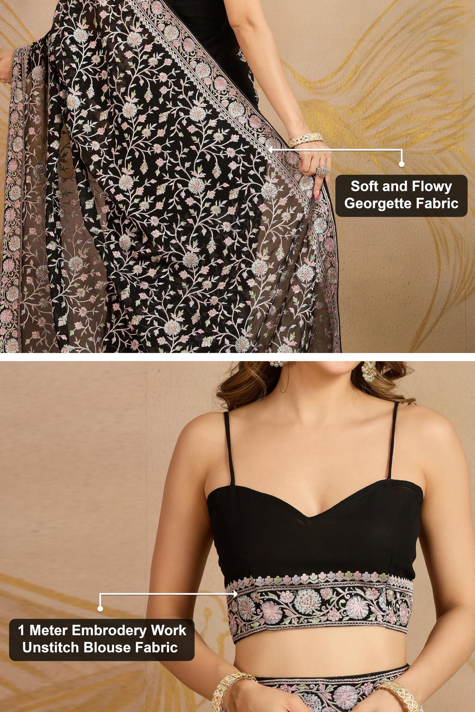 TRENDMALLS Women's Georgette Multi Colour Resham Thread Embroidery with Siroski work Saree with Unstitched Blouse Piece - Image 4