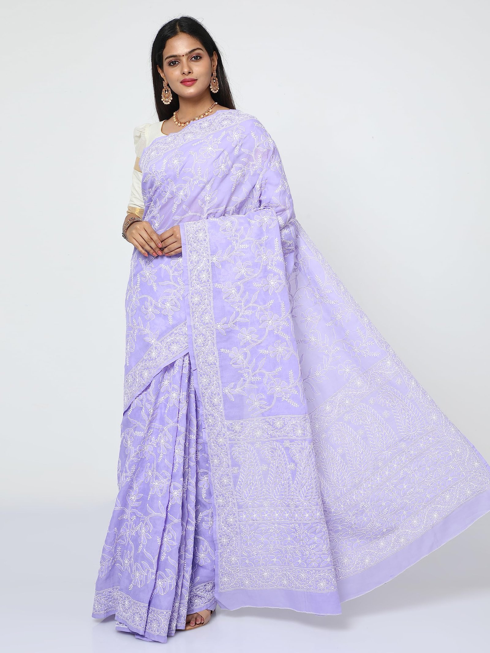 HerClozet Lucknow Chikankari Pure Cotton Saree for women 6.3 Mtr(Lavender) - Image 4