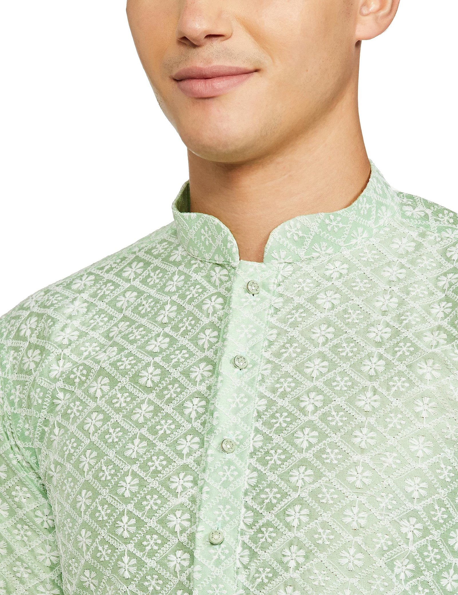 BE ACTIVE Men's Traditional Embroidered Lucknowi Full Sleeves Kurta || Cotton Kurta for Men || Men Kurta for Wedding || Kurta for Men (RFSK0013-KR 15 L) Light Green - Image 3