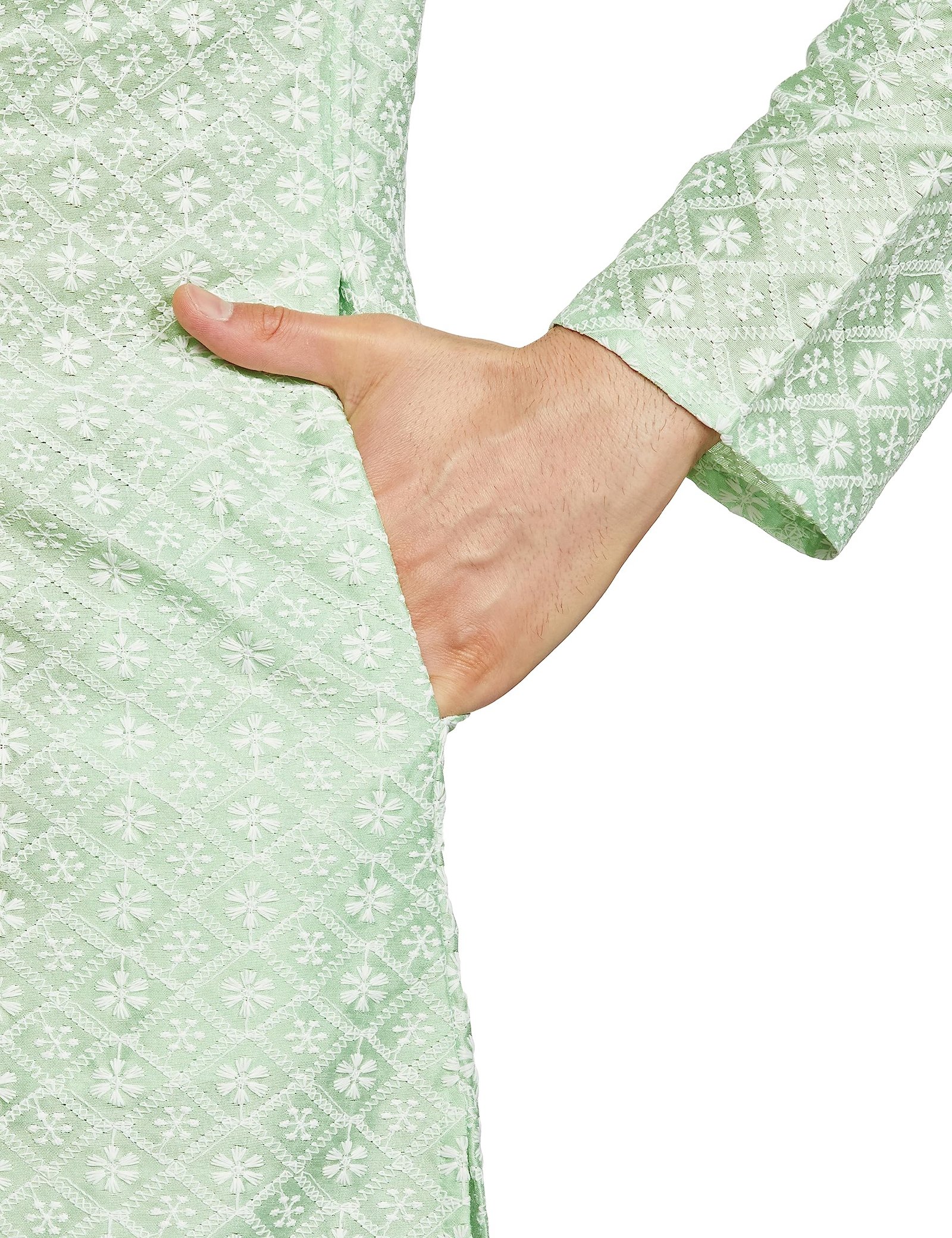 BE ACTIVE Men's Traditional Embroidered Lucknowi Full Sleeves Kurta || Cotton Kurta for Men || Men Kurta for Wedding || Kurta for Men (RFSK0013-KR 15 L) Light Green - Image 2