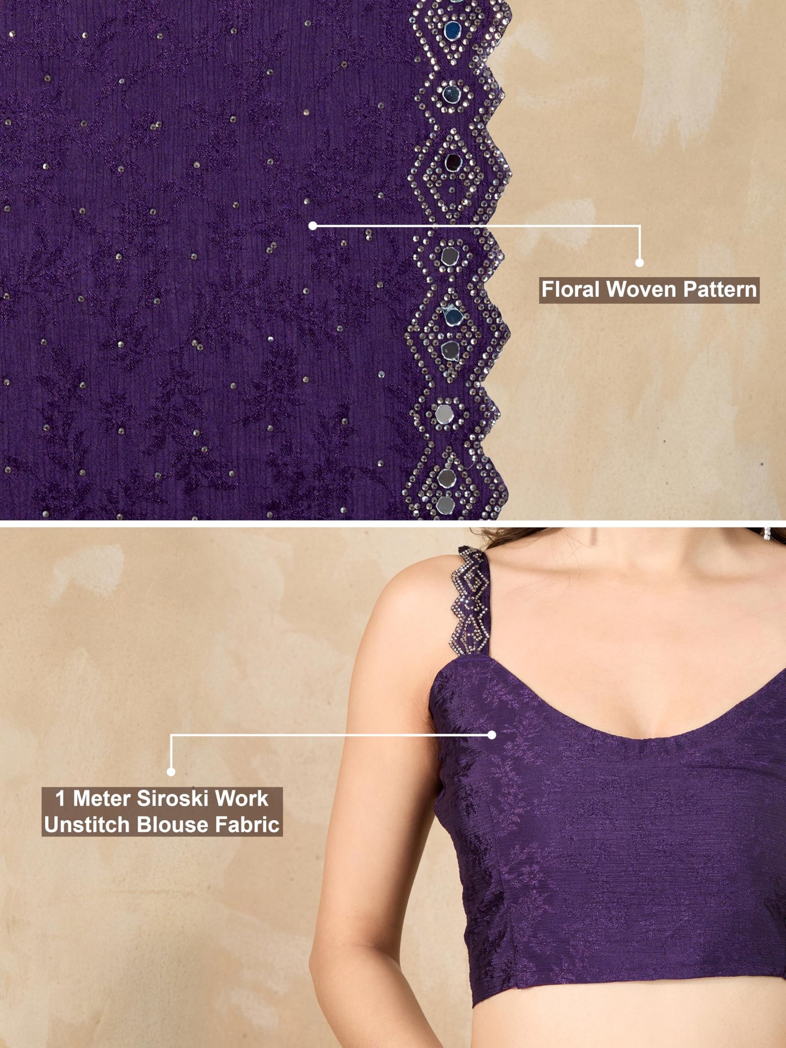 TRENDMALLS Women's Art Silk Siroski Mirror Work Saree with Unstitch Blouse Piece (K1156-Purple) - Image 4