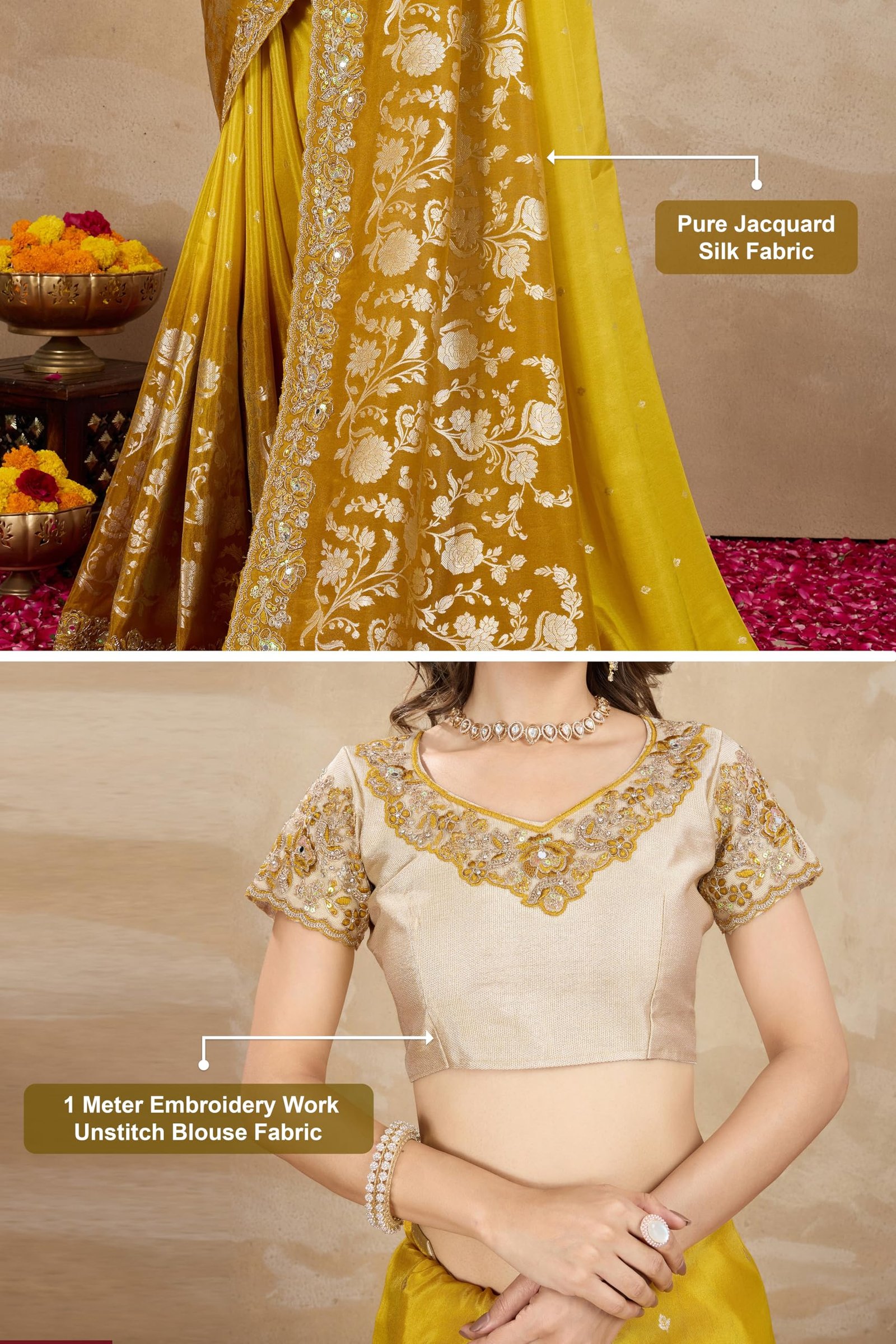 TRENDMALLS Women's Jacquard Silk Embroidery Saree with Unstitched Blouse Piece (K1178-Yellow) - Image 5