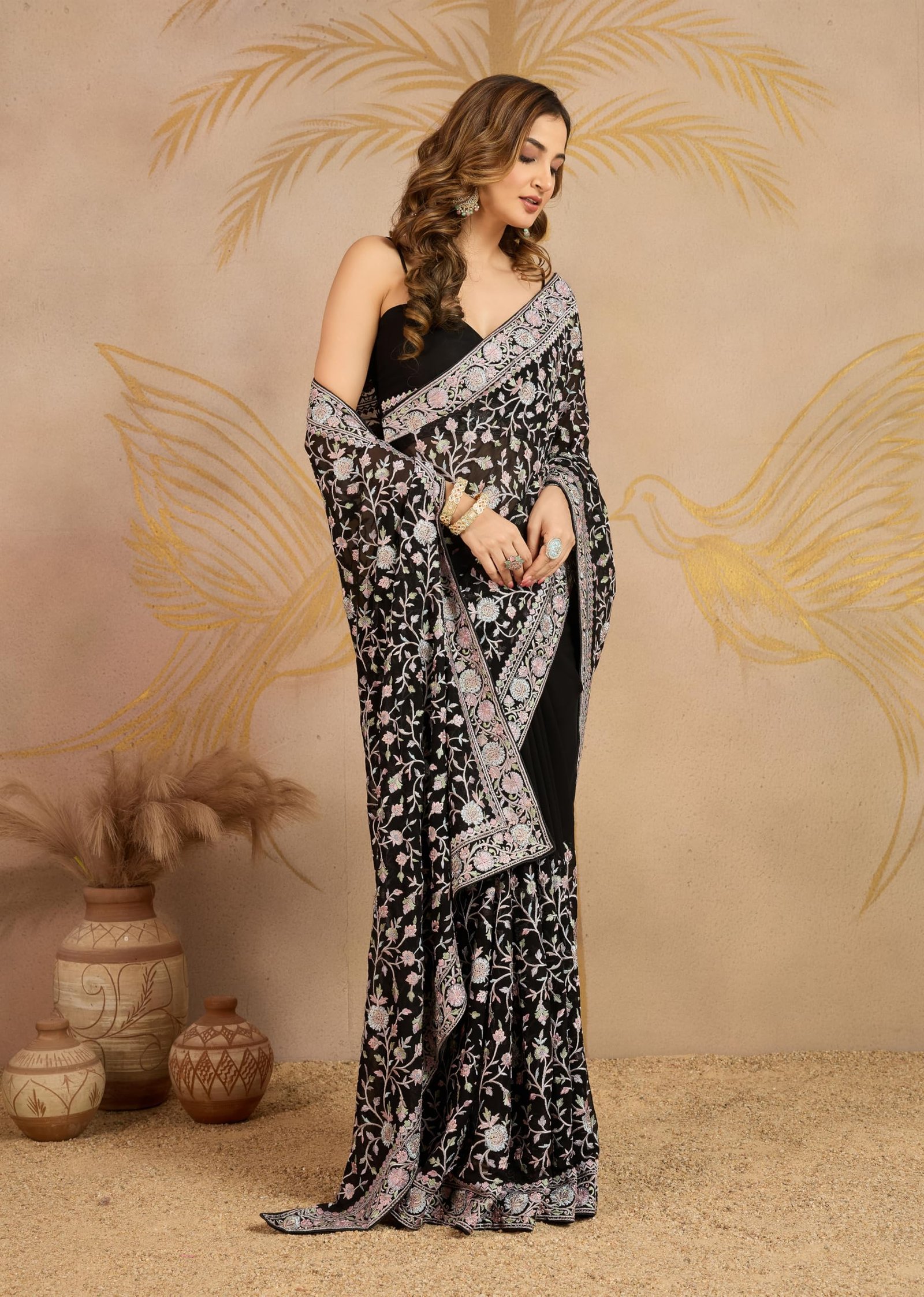 TRENDMALLS Women's Georgette Multi Colour Resham Thread Embroidery with Siroski work Saree with Unstitched Blouse Piece - Image 8